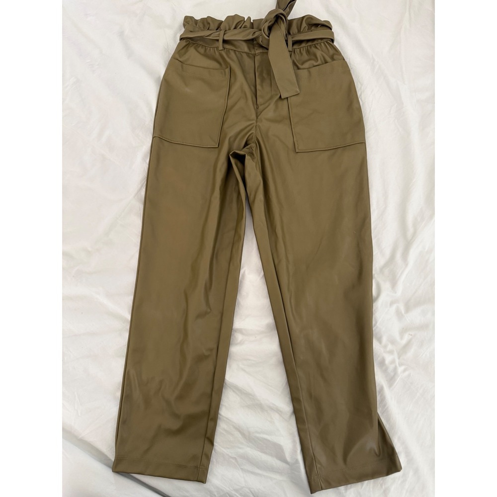 Who What Wear Olive Faux Leather Paperbag Pants Size 4 Utility Quiet Luxury - Picture 2 of 6